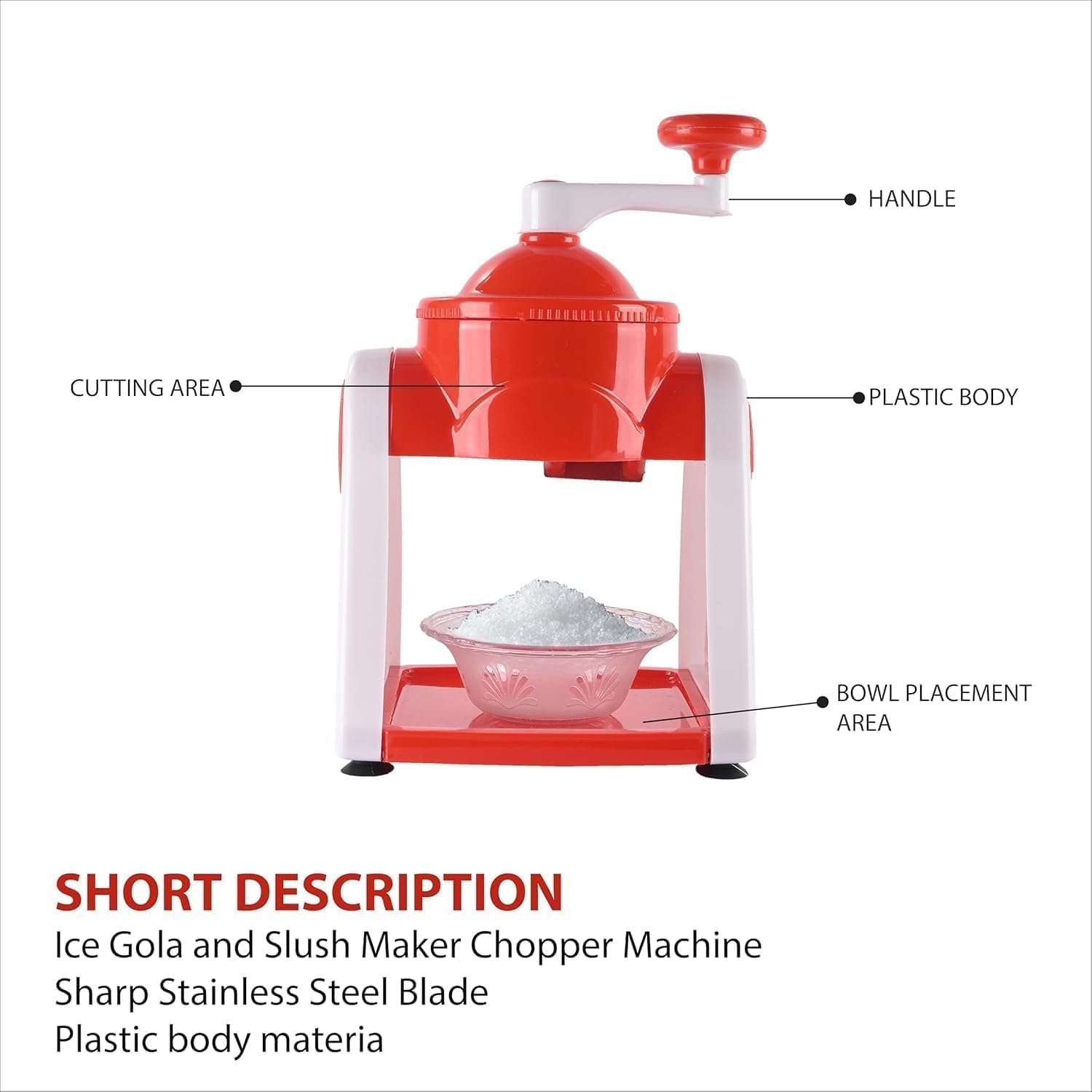 VENQUER Manual Ice Gola Maker and Ice Crusher, Snow Cone and Slush Maker Machine with Sharp Blades, Red and White, Includes 3 Bowls, 1 Glass, 6 Sticks and Serving Dish 5