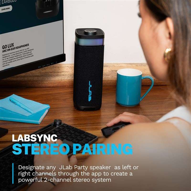 JLab JBuds Party Portable Bluetooth Speaker, 2 Full-Range Drivers + 2 Passive Woofers, IP56 Waterproof, 12 Hours Playtime, Connect Multiple Speakers, Custom Sound + RGB Lighting via App, Black 5