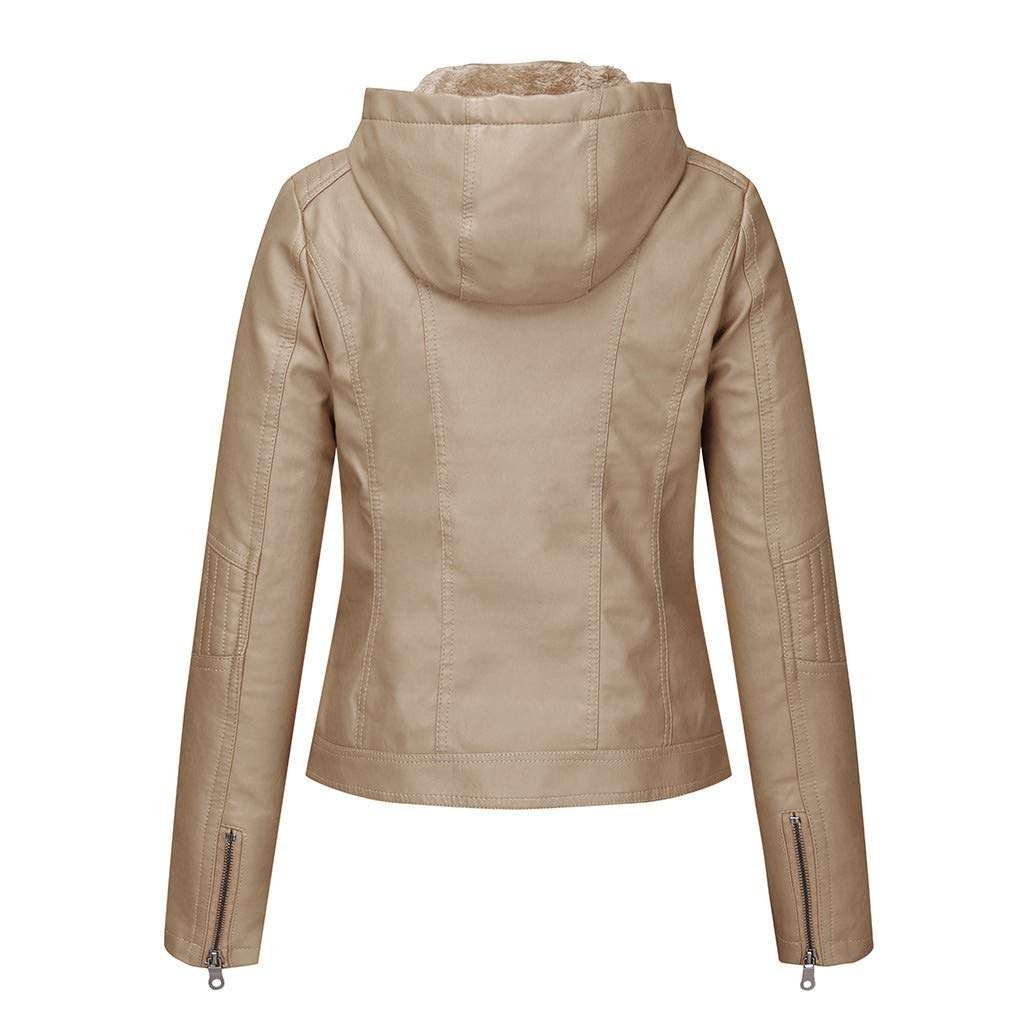 RUIVE Women’s Artificial Leather Coats Winter Warm Thicken Plush Zipper Hooded Outerwear Windbreaker Biker Bomber Jackets Khaki 2
