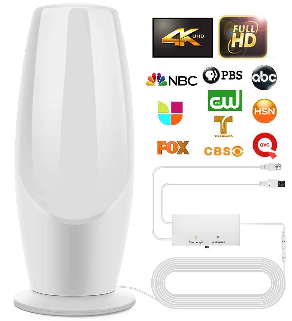 TV Antenna, Outdoor Indoor TV Antenna, 220 Miles Range with 35ft Coax Cable, Support 4K HD Local Channels and All TVs Digital Antenna，with Signal Booster & USB Power Adapter (White)