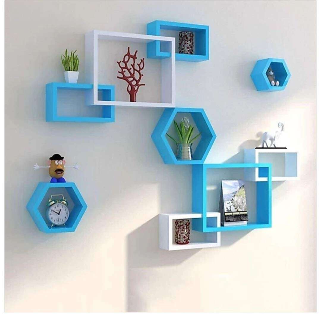 Royal Store Wall Shelf intersecting Hexagon Shelves MDF Wall Hanging ,Floating Mounted Decorative Home for :- Living Room and Bedroom & Office Wooden Wall Shelf (Number of Shelves - 9,( White, Blue ) 1