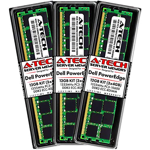 A-Tech 12GB (3x4GB) RAM for Dell PowerEdge C1100, C2100, C6100, C6105, C6145 Servers | DDR3 1333MHz ECC-RDIMM PC3-10600 2Rx4 1.5V 240-Pin ECC Registered DIMM Server Memory Upgrade Kit