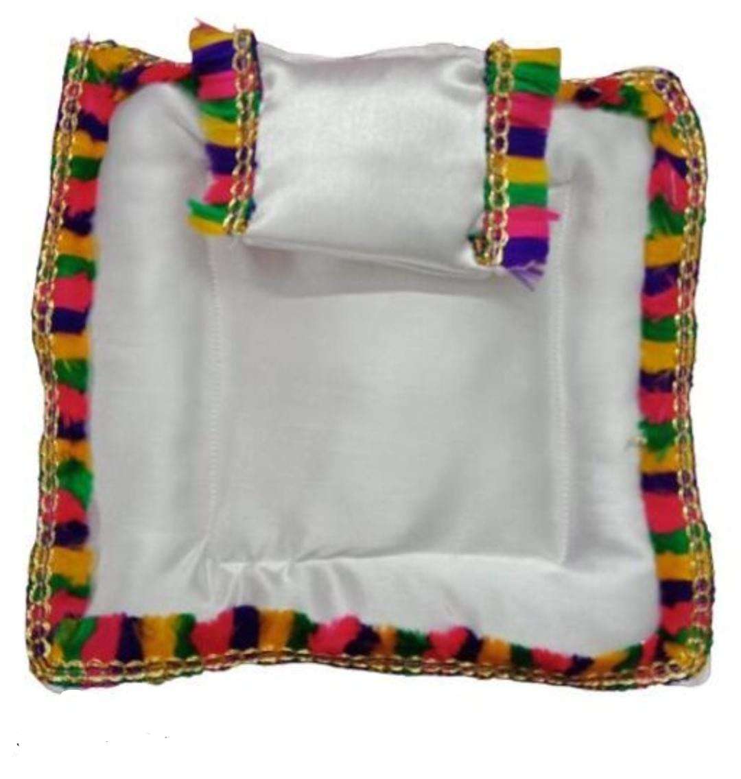 Poorti Enterprises Laddu Gopal Ji Super Soft Satin Blanket/Kambal/Rajai and Mattress/Gadda with Pillow for Krishna Idol (Ladoo Gopal Bister Set) (White) - with Free Exciting Gift for Kanha Ji 3