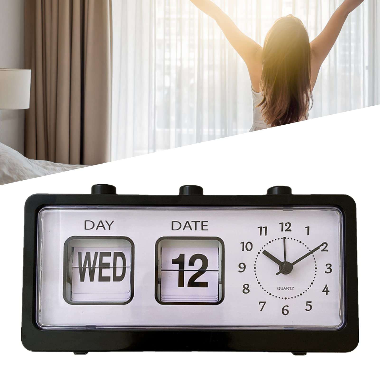 Fdit Manual Jump Calendar Alarm Clock, Manual Calendar Clock Table Stable for Office (Black) 4