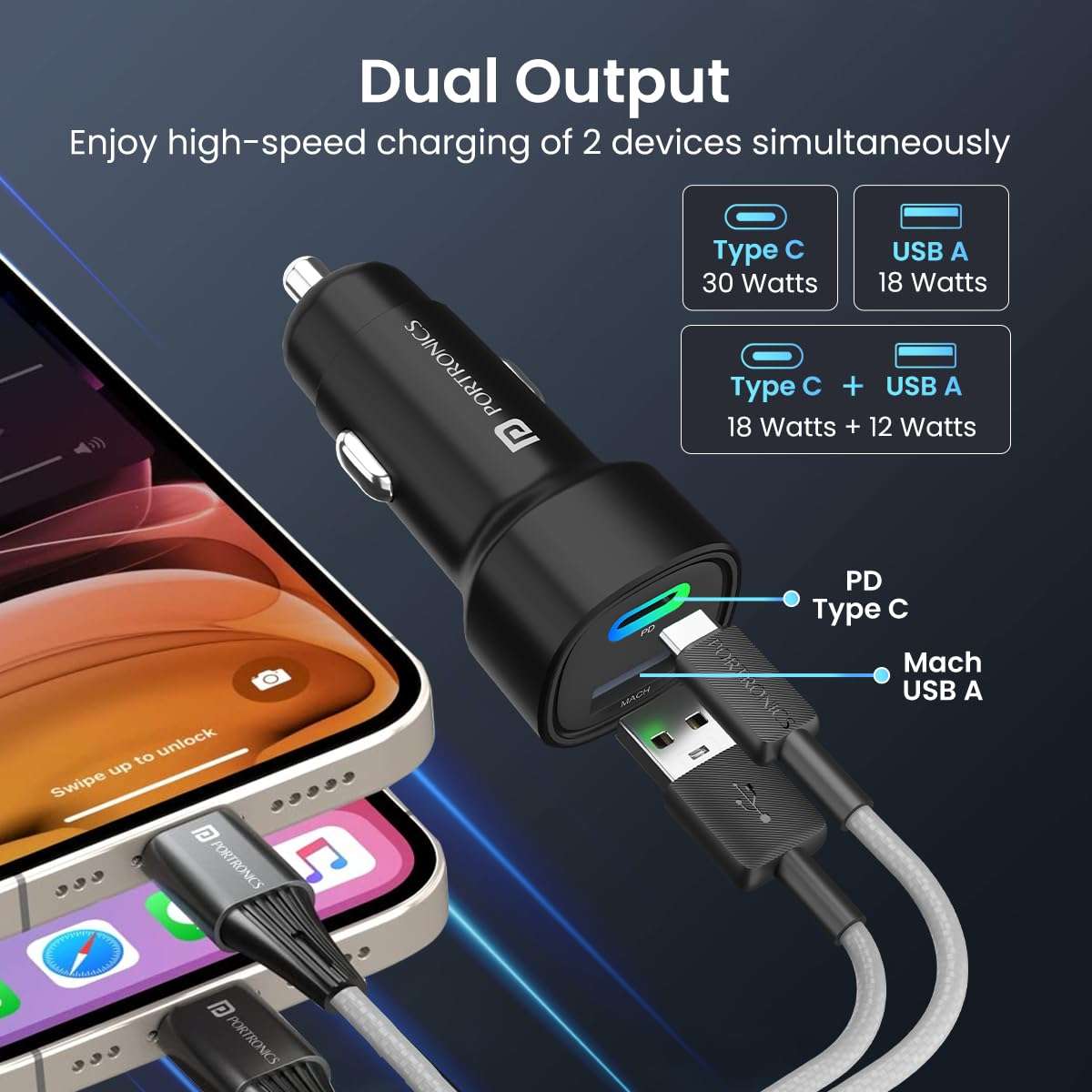 Portronics Dual Output Fast Car Charger with 30W Type-C PD & 30W USB, LED Indicator, Charging Adapter Compatible with Cars for iPhone & Android Smartphone, Smartwatch, Earbud, Power Bank (Black) 3