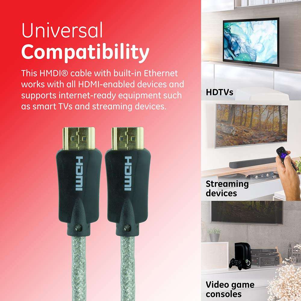 GE HDMI Cable, 2 Pack, 6 Feet, Full HD 1080p 4K 60Hz, HDMI 2.0, 18 Gbps, with Ethernet, HDR, for Smart TV, PS4, PS5, Xbox X, Blu-ray, Streaming, 33519 3