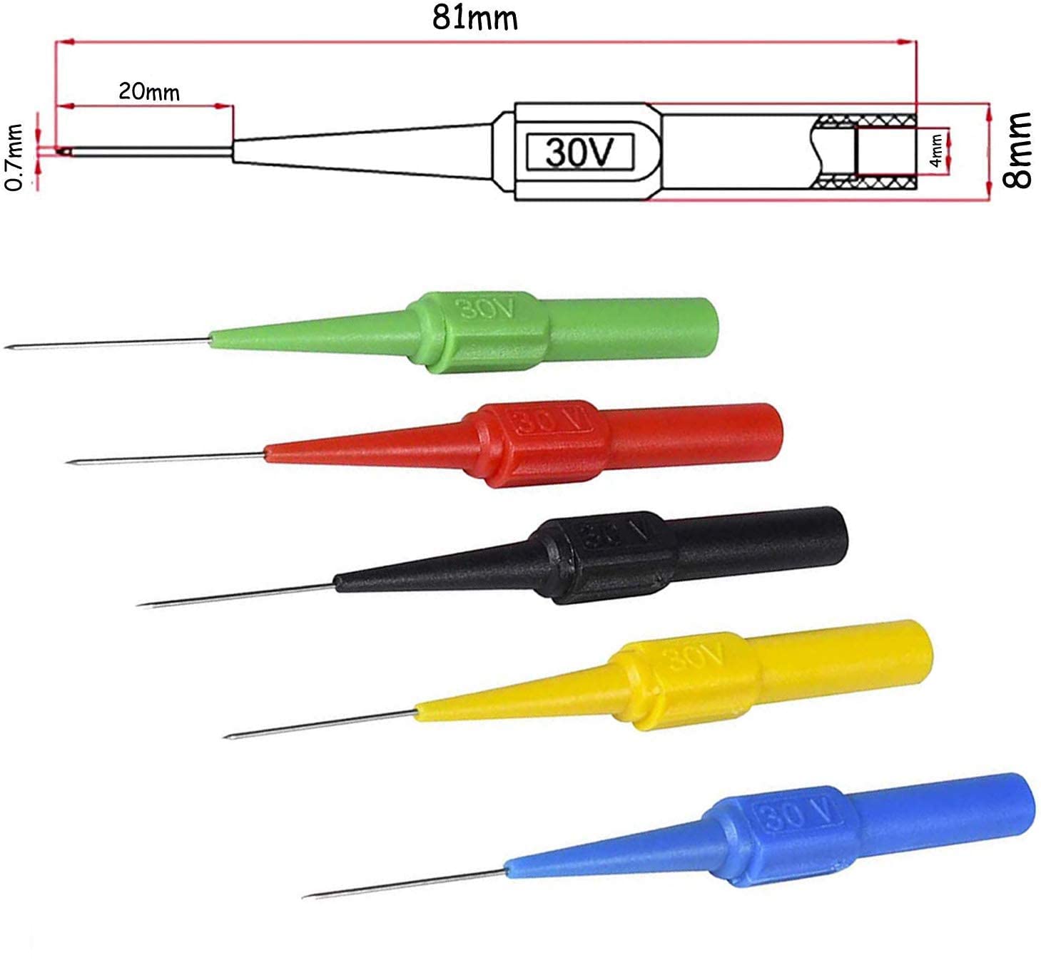 TestHelper TP161-5 Insulation Piercing Needle Non-destructive Test Probes Red/Black/Yellow/Green/Blue Mini Back Probe/Wire Piercer 4mm Banana Socket 30V 2
