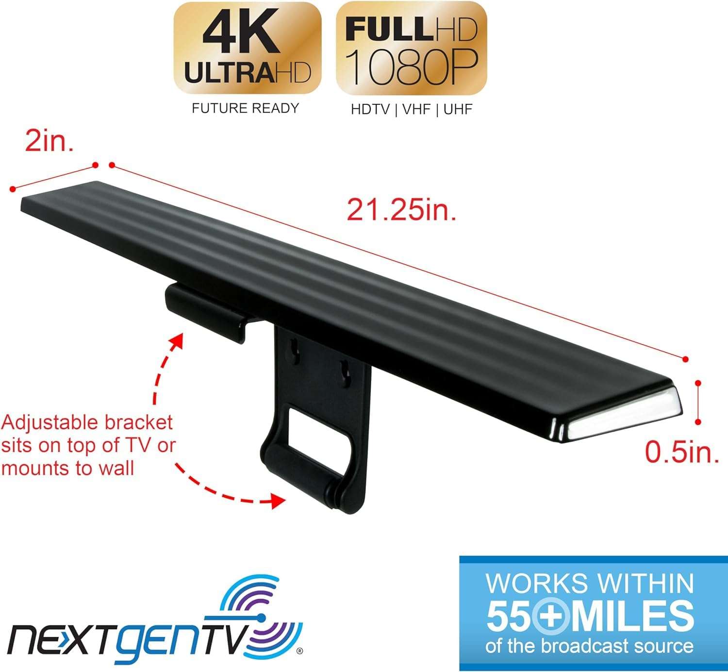 GE Amplified HD Digital TV Antenna, Long Range Smart TV Antenna, Easy Mount on Top of TV Design, Supports 4K 1080P HDTV VHF UHF, Indoor Amplified Signal Booster, 5ft Coax HDTV Cable/AC Adapter, 37075 3