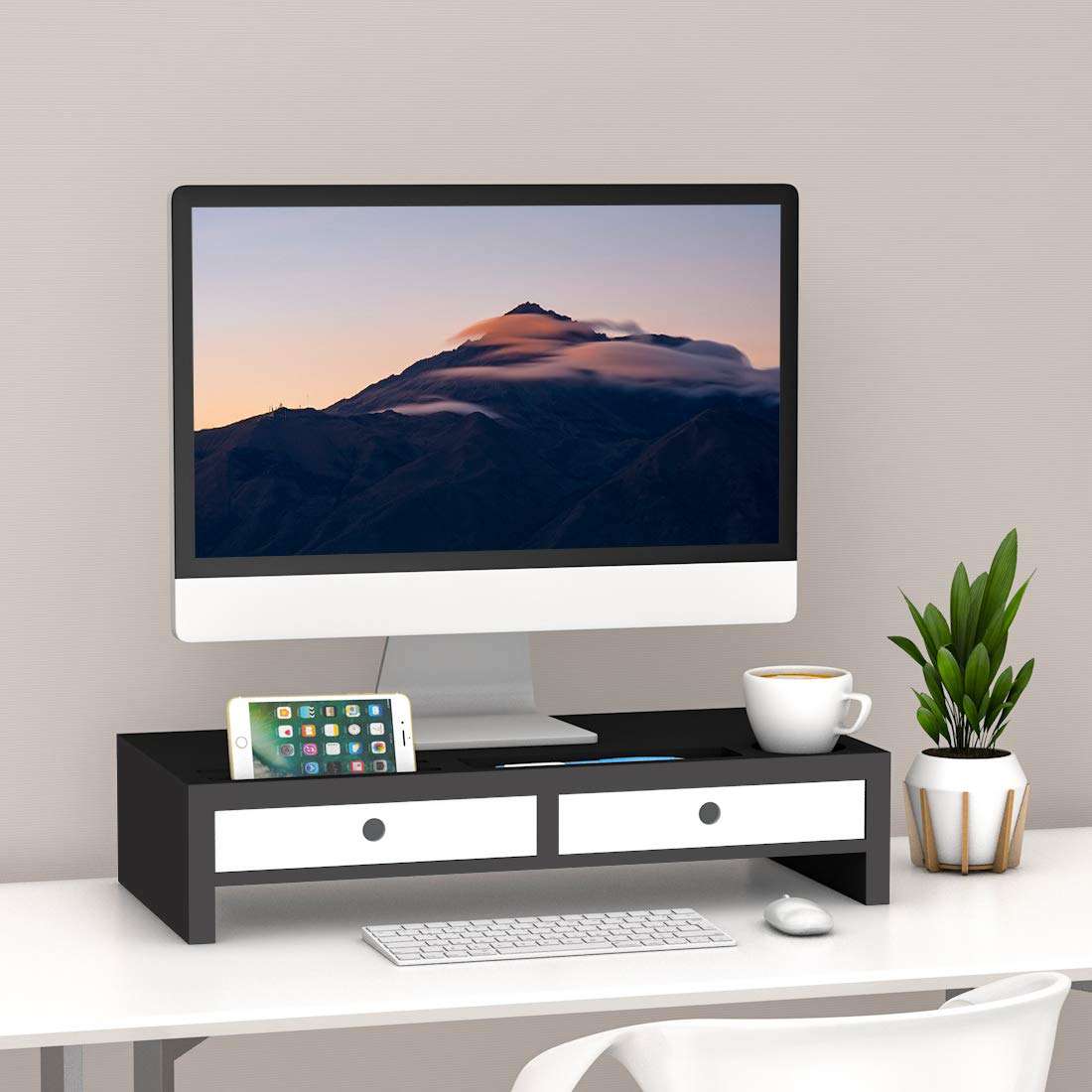 Bambloom Monitor Stand Riser with Drawer - Desk Shelf Organizer Keyboard Storage Black 22" x 10.6" x 4.7" 3