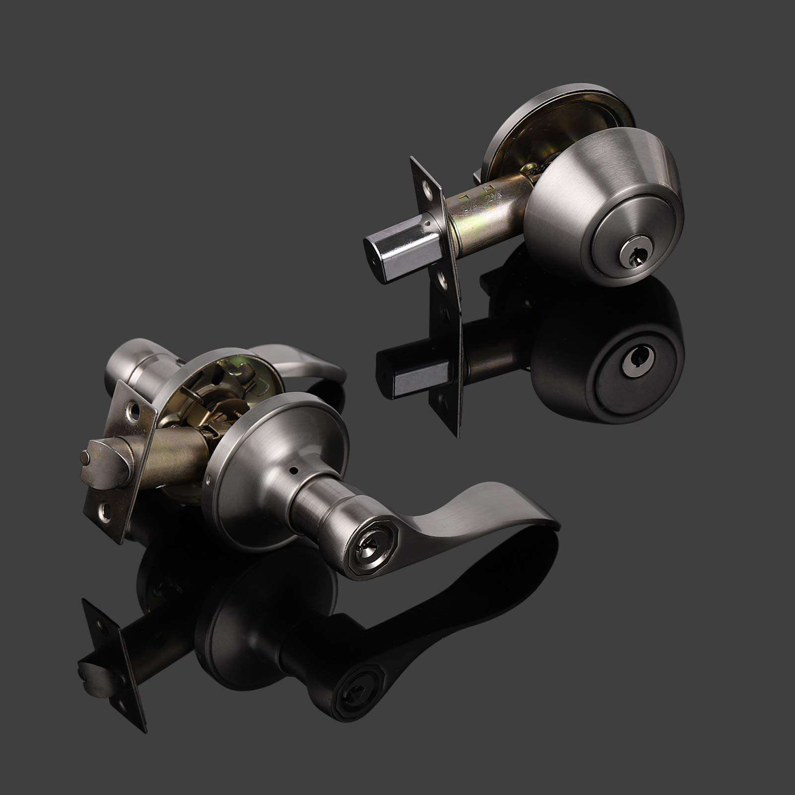 Probrico 2 Sets-Wave Style Entry Door Levers with Double Cylinder Deadbolts Combo Pack, Keyed Alike Door Knobs Exterior and Interior Lockset Leverset, Handleset for Front and Entrance Door 2