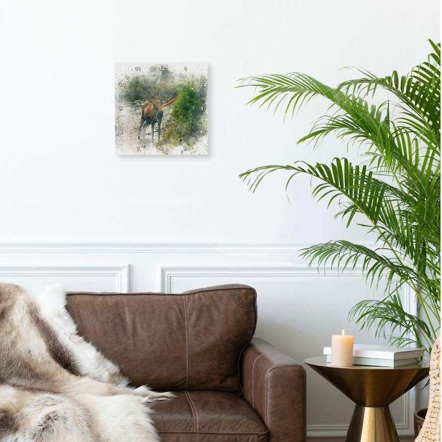 3dRose Wall Clock Silent - 15 inch - Image of Watercolor Deer Buck On A Lake Art - Impressionist Mixed Media Art 2