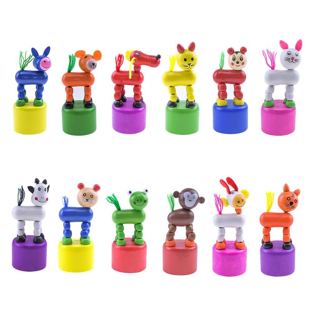 HSOMiD Kids Animal Push Up Press Base Toy,Chinese Traditional Thumb Puppet,Rocking Wooden Toy,Pack of 12 1