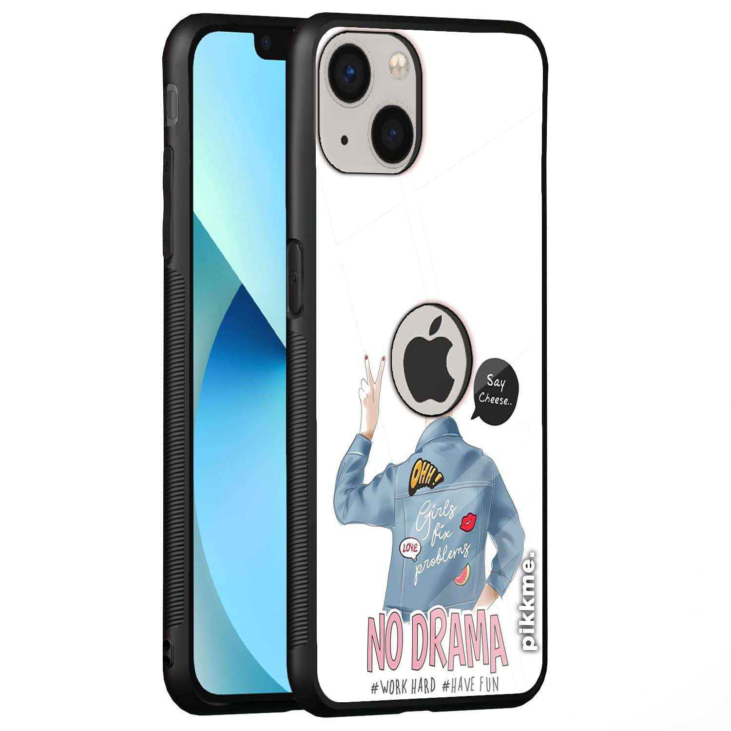 Pikkme iPhone 14 Back Cover for Girls | Ultra Hybrid No Drama White Printed Glass Case | Soft TPU Sides with Anit-Skid Grip Protection (Girls1 16) 1