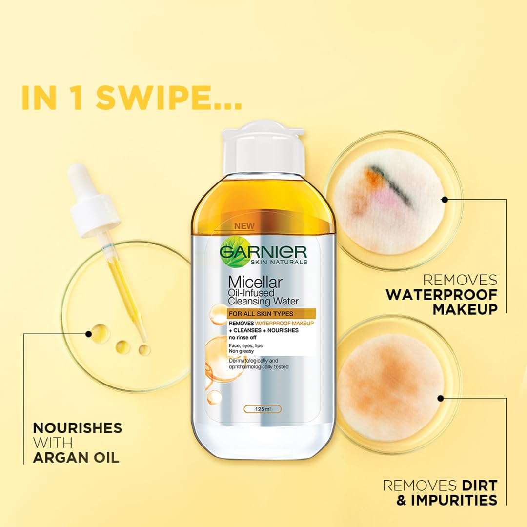 Garnier Skin Naturals, Cleansing Water for Waterproof Makeup, Micellar Oil-Infused Cleansing Water, 125ml & Garnier Skin Naturals, Day Cream, Brightening and with Sun Protection, Bright Complete, 45g 4