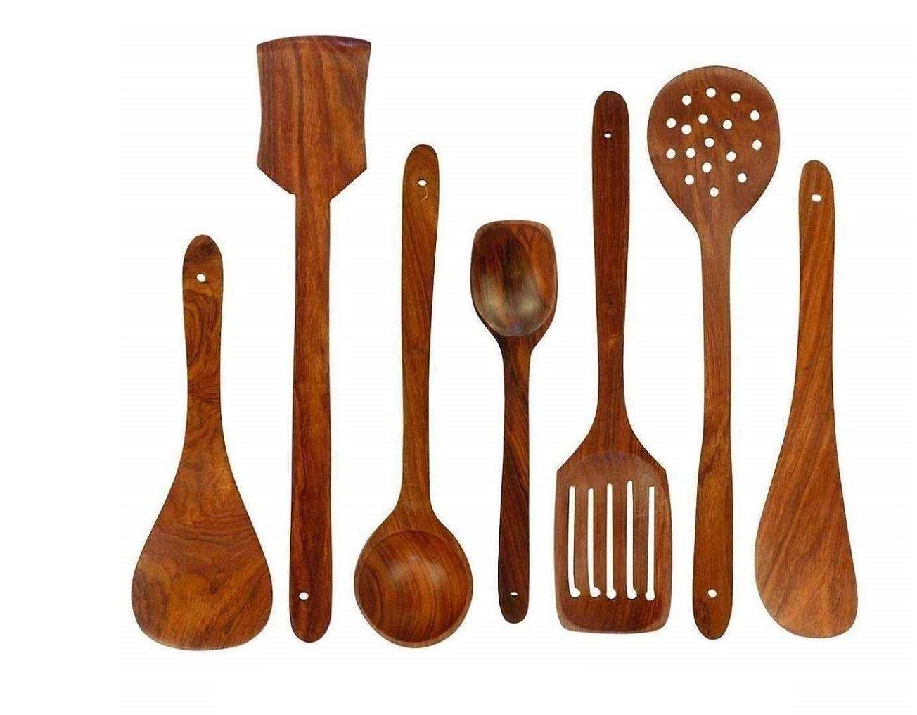 HSC ENTERPRISES Handmade Wooden Spoon Set of 7 and Cooking Spoon Kitchen Tools for Non Stick Serving