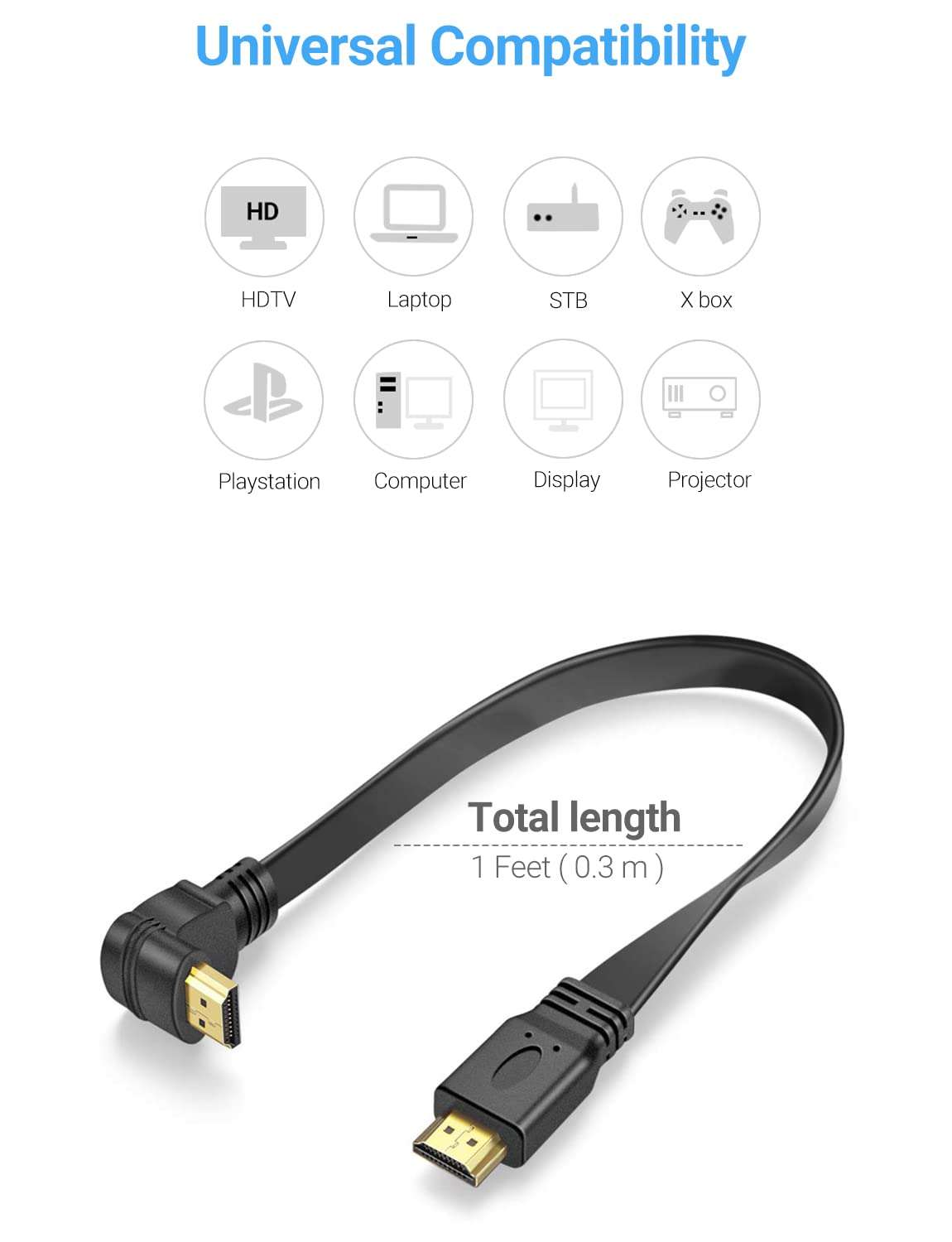 URWOOW Flat Slim High Speed HDMI Male to Male Extension Cable 270 Degree Right Angle (1 Feet) Adapter Converter Cable 5