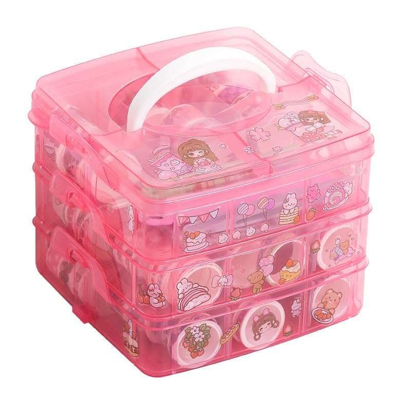 RAGHAVENTERPRISES Washi Tape Set with Carrying Case, 100 Rolls Decorative Masking Tapes, 20 Kawaii Stickers, Tweezer, Pen, Spatula, 3 Layer Storage Box, Pink 1