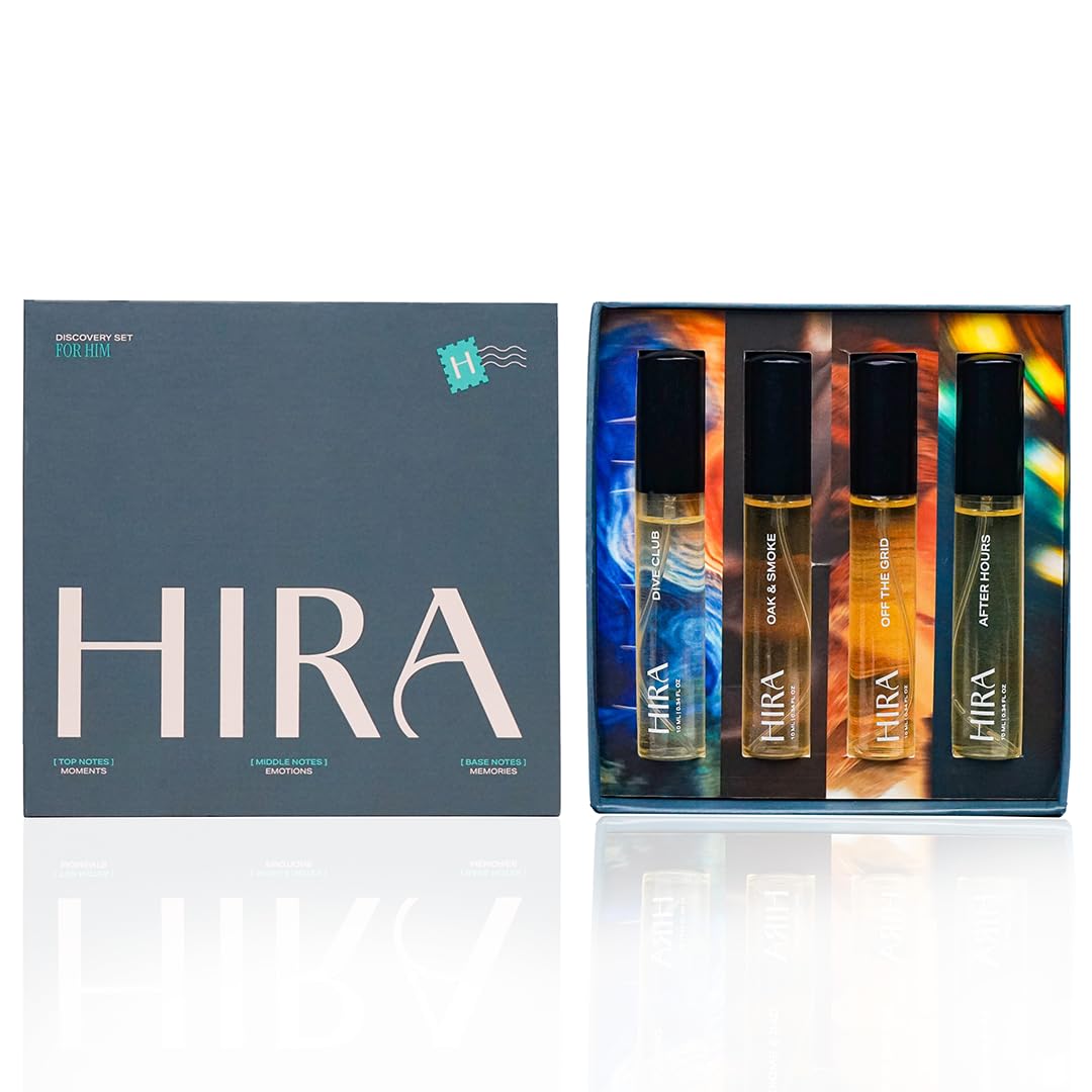HIRA Discovery Set for Men, 4 Premium Fragrances, 10ml Each - Dive Club, Oak & Smoke, Off the Grid, After Hours