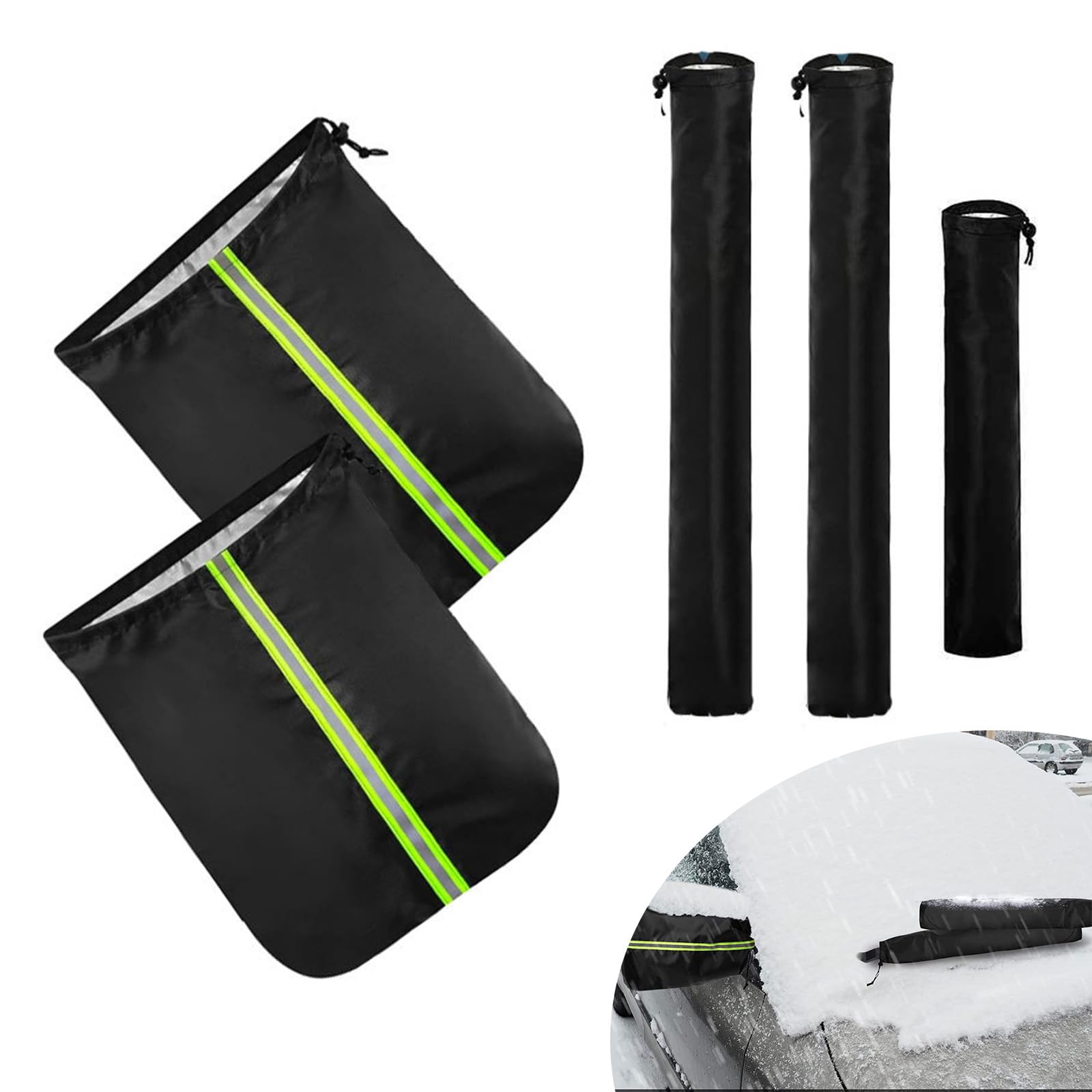 getfay 5 PCS Car Protective Cover, 12" x 16" Side Mirror Cover + 26" x 4" Front Wiper Cover + 17" x 4" Rear Wiper Cover, Waterproof and Snowproof Cover, Universal for Small Cars (Black)