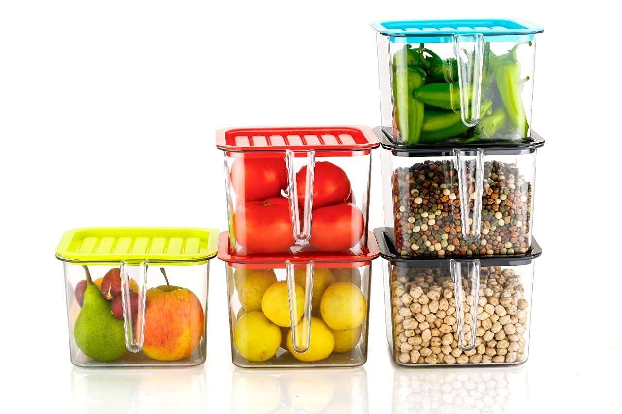 SimpleTec Pack of 3 Multipurpose Fridge storage containers & jar Set Plastic Refrigerator Box with Handles and Airtight Lid Unbreakable kitchen storage Vegetable, Food, Fruits Basket - ,1100 ml 1