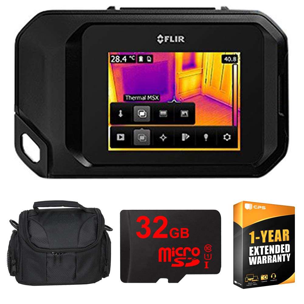 FLIR 72003-0303 C3 Compact Thermal Imaging Inspection Camera System w/Wi-Fi - Black w/Compact Deluxe Gadget Bag + 32GB MicroSD Memory Card and 1 YR CPS Enhanced Protection Pack Essential Bundle 1
