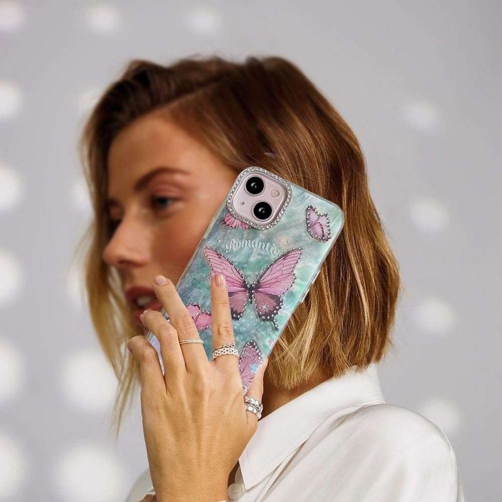 mobistyle Designed for iPhone 15 Cover Glitter Diamond Butterfly Design Phone Back Cover Case (Pink Butterfly) 5