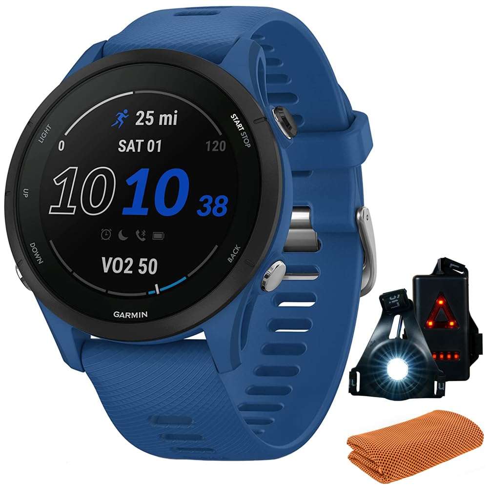 Garmin 010-02641-01 Forerunner 255 GPS Smartwatch, Tidal Blue | Official USA Partner Model | Bundle with Workout Cooling Sport Towel and Deco Essentials Wearable Commuter Front and Rear Safety Light 1