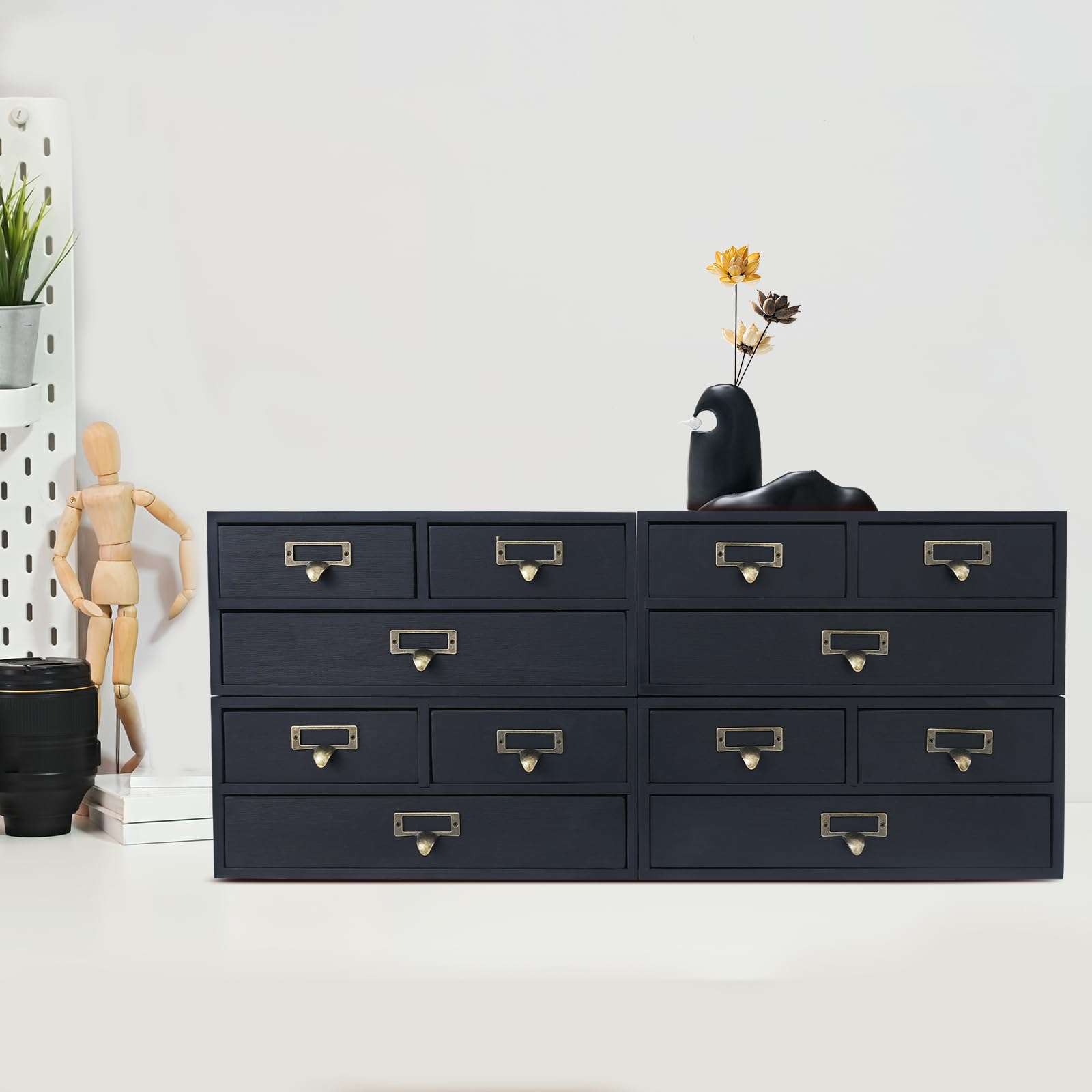 Vintage 12-Drawer Wooden Desk Organizer, 4 Pack 3-Slot Filing Cabinet, Stackable Craft Storage Drawers, Rustic Tool Box, Multilevel Apothecary Cabinet, Ideal Home Office Organizers and Accessories 3