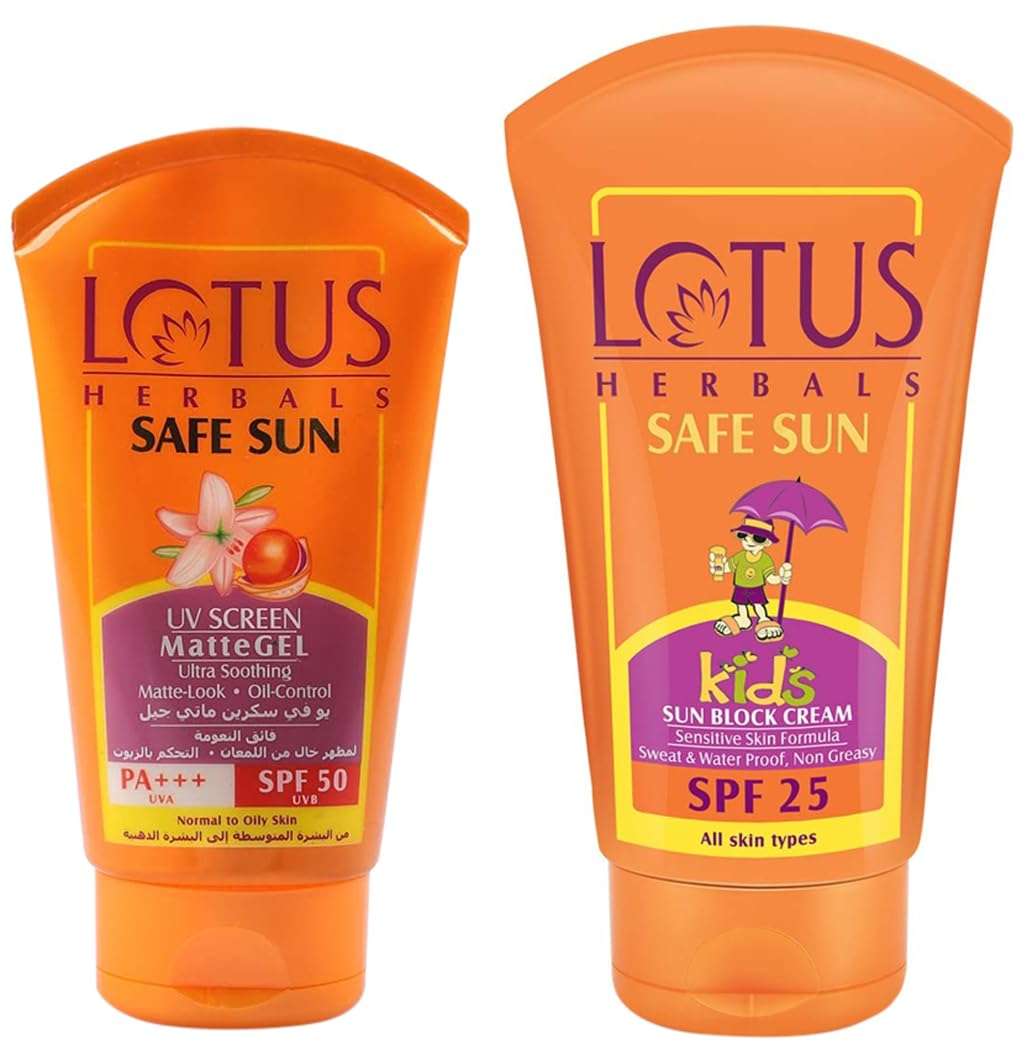 Lotus Herbals Safe Sun UV Screen Matte Gel, SPF 50, 100g & Safe Sun Kids Sun Block Cream SPF 25, 100g 1