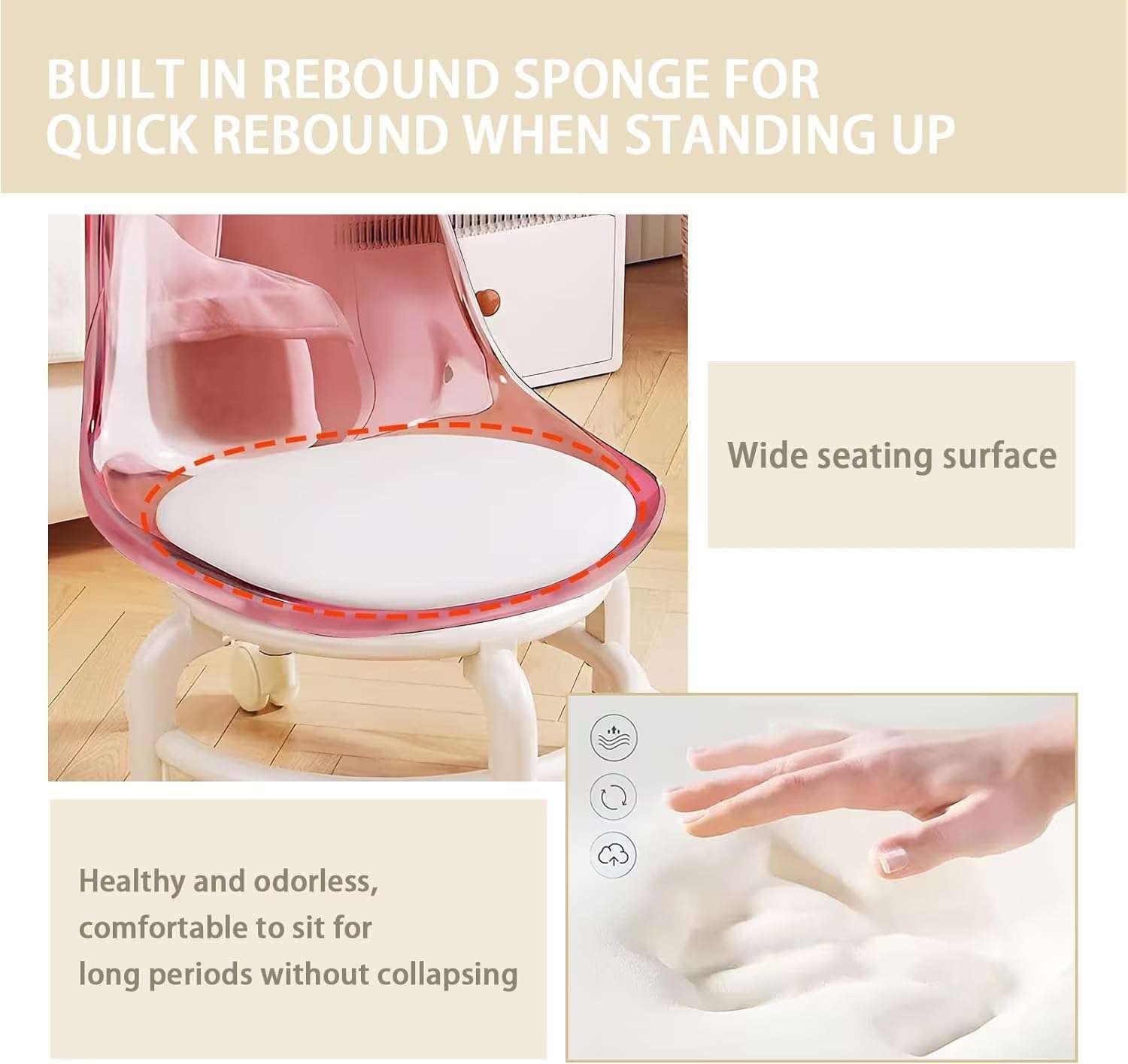 Modern Style Chair Roller Seat PU Leather Low Rolling Stool Swivel Small Stool with Universal Caster Wheels for Home Office Garage Shop Fitness Sport Mini Height Adjustable Stool Kids Chair (Pink) 3