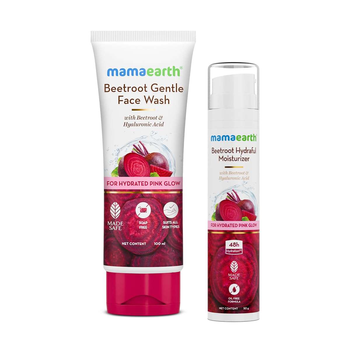 Mamaearth Beetroot Natural Pink Glow Combo | Beetroot Gentle Face Wash (100ml) & Beetroot Hydraful Moisturizer (50ml) | Gives Natural Pink Glow | Cleanses, Hydrates and Moisturizes | Combo Pack 1