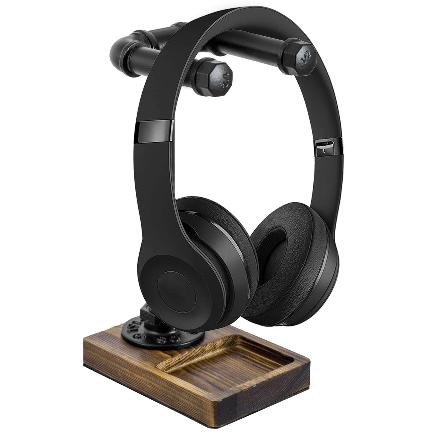MyGift Headphone Stand, Industrial Black Metal Pipe Universal Desktop Headset Holder with Burnt Solid Wood Tray 1
