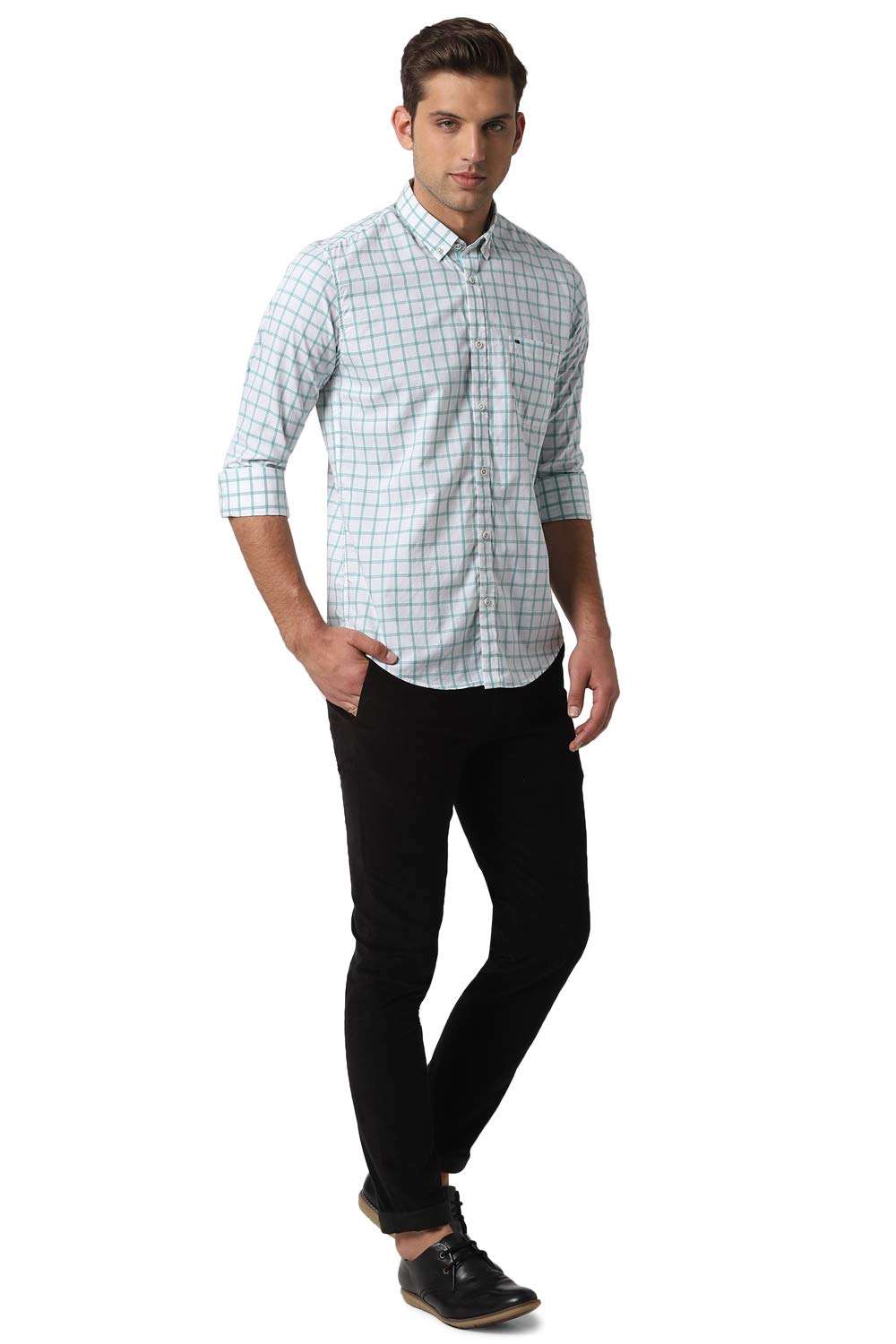 Peter England Men's Checkered Slim fit Casual Shirt (PCSFCSSPH92541_Green 39) 5