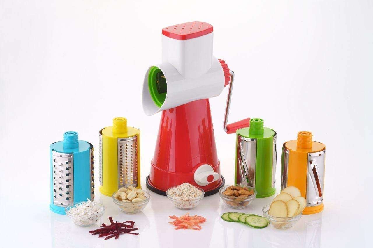 RASODA IMPEX 4 in 1 Drum Grater Shredder Slicer for Vegetable, Fruits, Chocolate, Dry Fruits, Salad Maker with 4 Different Attractive Drums | Plastic and S.S. Material | Portable Design. 1
