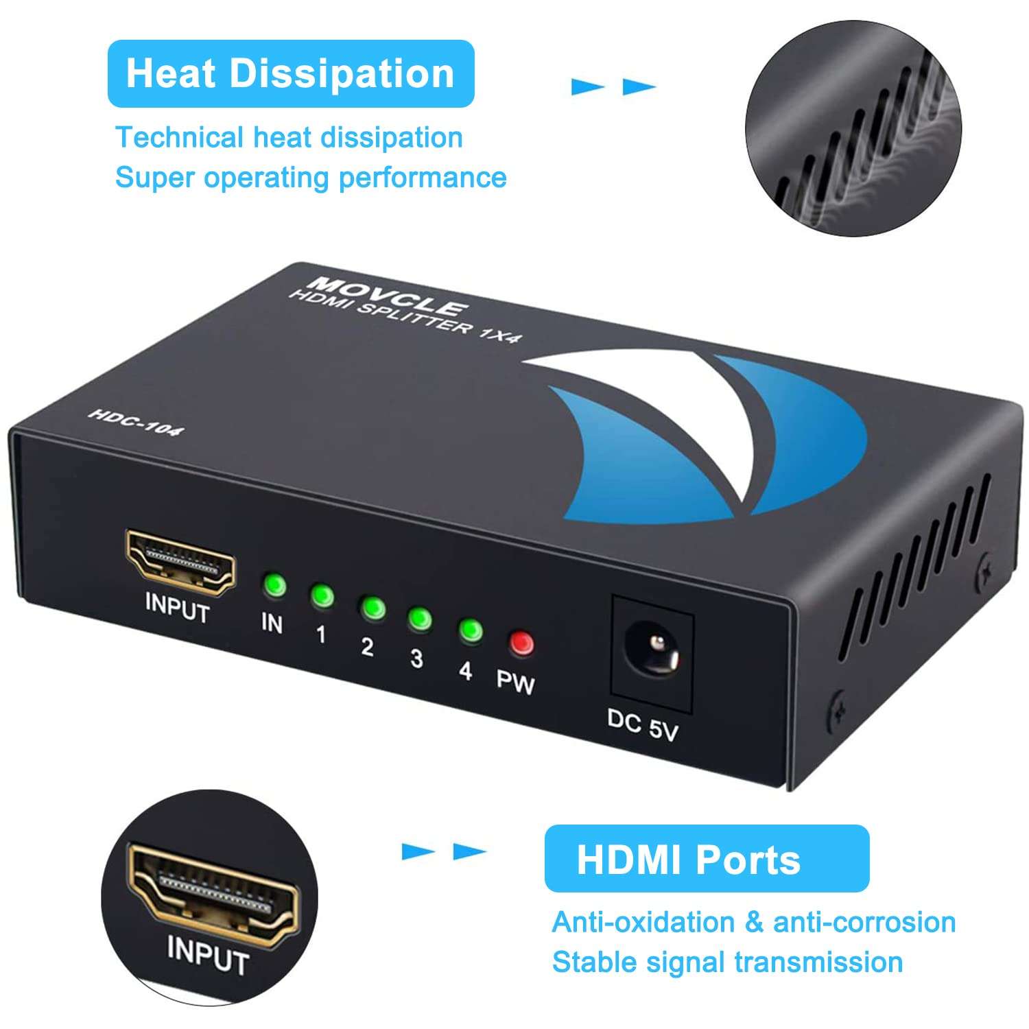 Movcle HDMI Splitter 1 in 4 out Full Ultra HD 1080P 4K/2K 1X4 Port Box Hub with US Adapter v1.4 Powered Certified for 3D Support 6