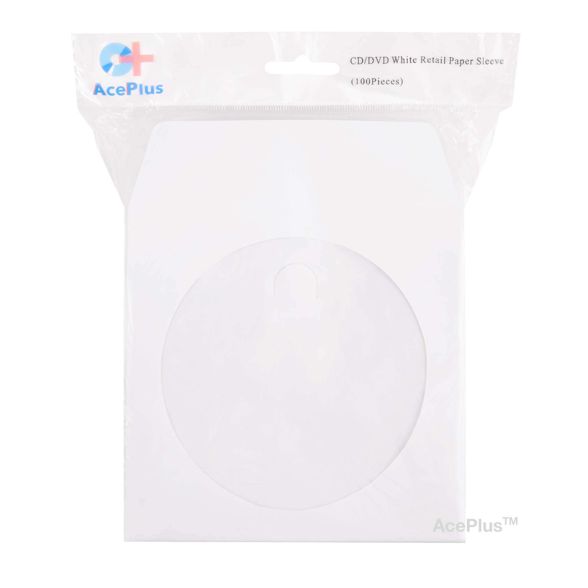 1,000 AcePlus CD/DVD White Paper Sleeves with Clear Window and Flap, Sturdy 100 gram Weight; 1 Box = 10 packs x 100-pk Retail Packaging 1
