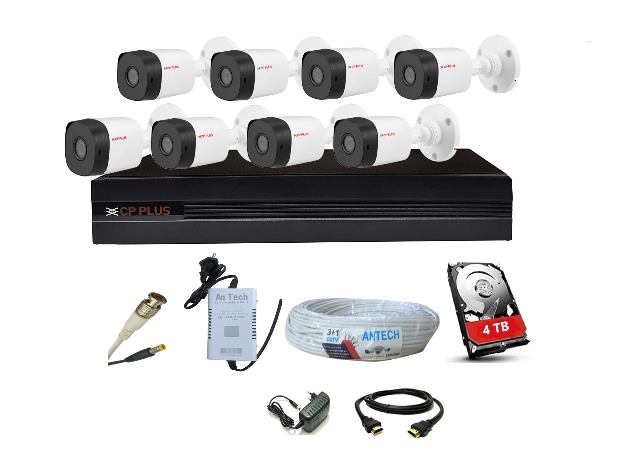 CP PLUS 2.4 MP Combo camera set with 8 Bullet, 8-Channel DVR 4 TB HDD, 8-Channel ANTECH SMPS, Cable roll, and BNC DC, HDMI