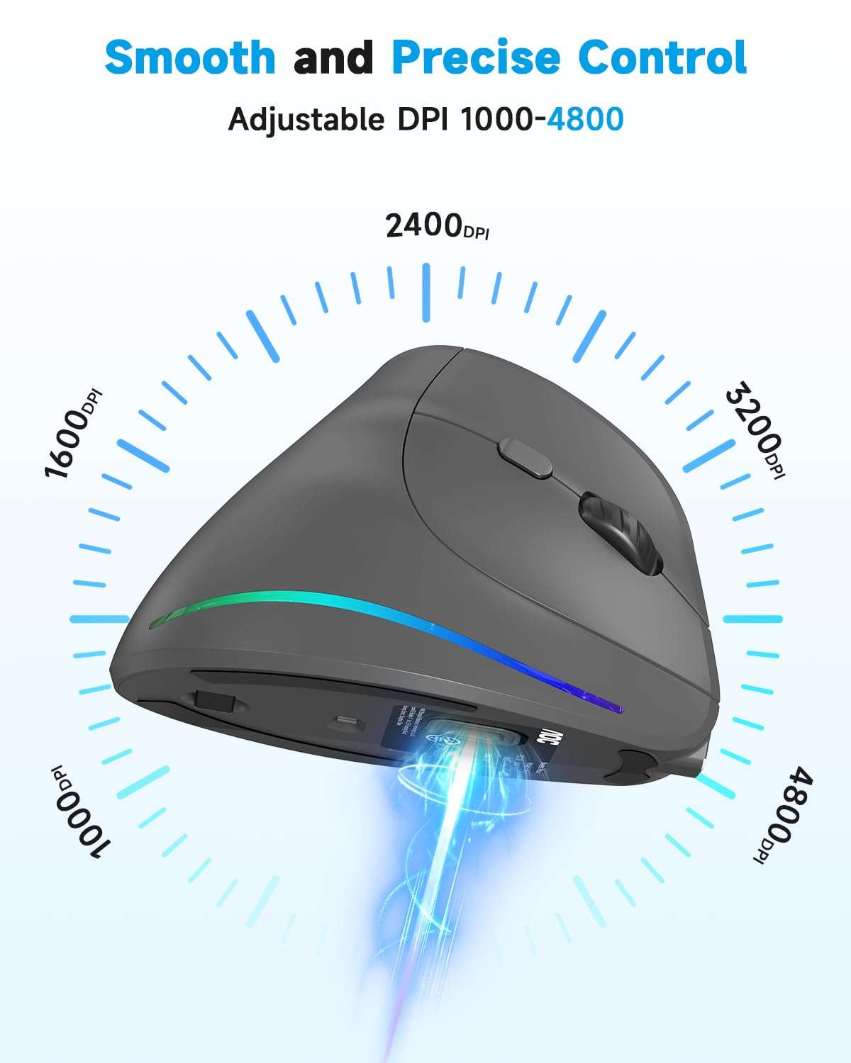 AOC 2.4GHz Ergonomic Mouse, Wireless Bluetooth Vertical Mouse for Work, 4800 DPI Optical Tracking, 5 Adjustable DPI, Quiet Clicks, RGB Light, Compatible with Computer, Laptop, PC, Mac, Desktop - Gray 5