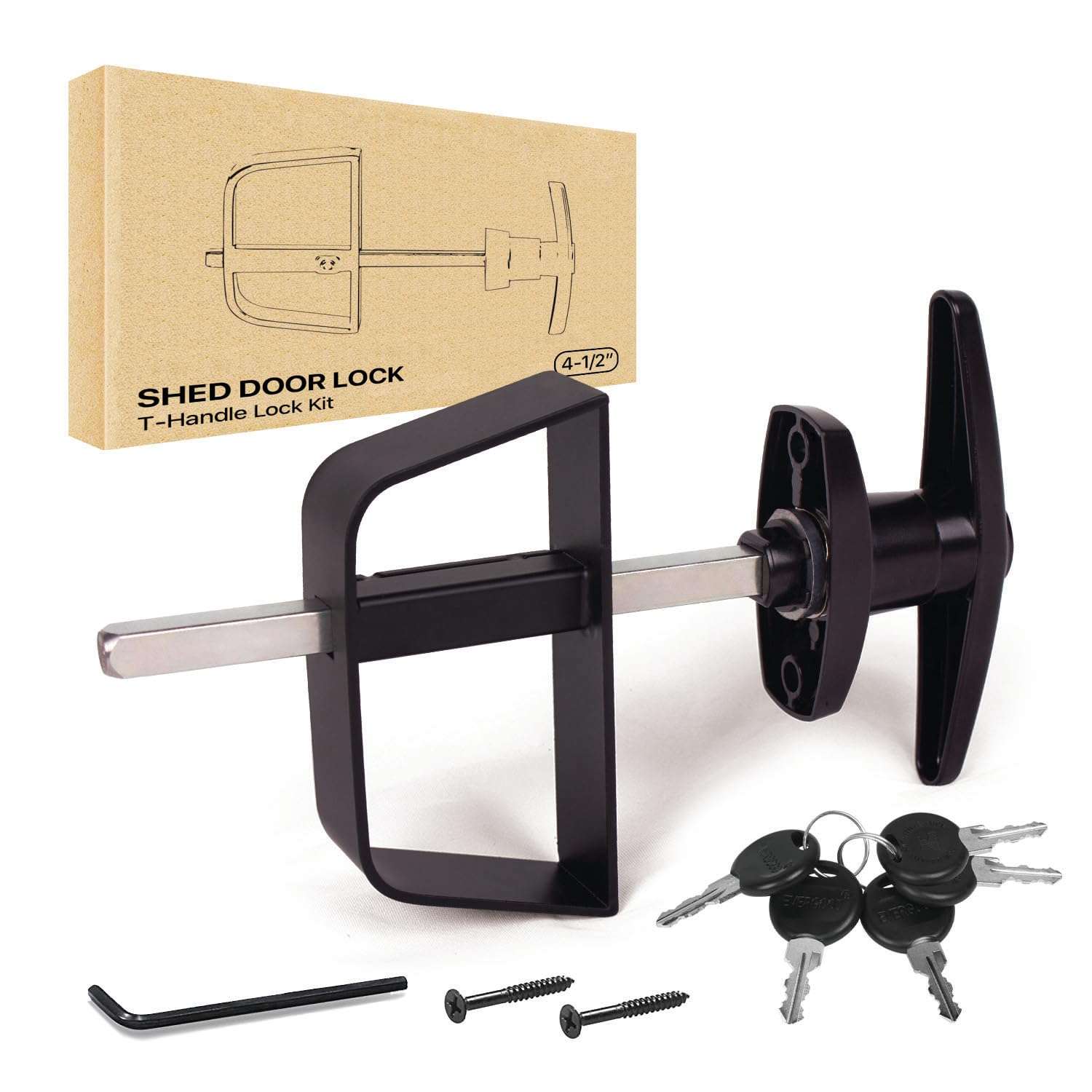 Shed Door T-Handle Lock Kit -Hurricom Includes 2 Keys, 2 Screws, Allen Wrench, 4-1/2" Stem, Shed Lock, Barn Door Lock, Playhouse Lock & Chicken Coop Lock (Black)