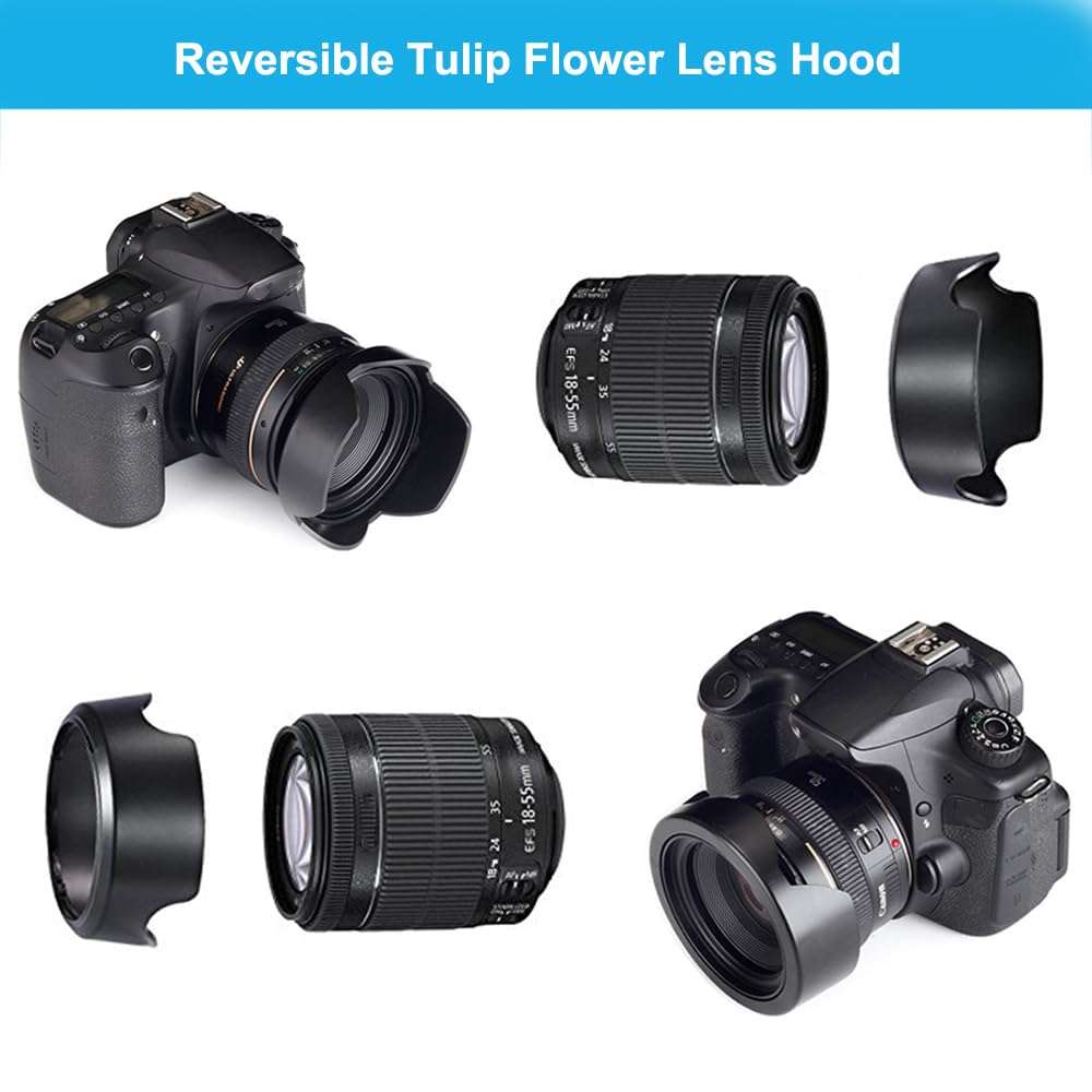58mm Lens Hood Set, Collapsible Rubber Lens Hood with Filter Thread + Reversible Tulip Flower Lens Hood + Center Pinch Lens Cap + Microfiber Lens Cleaning Cloth 4
