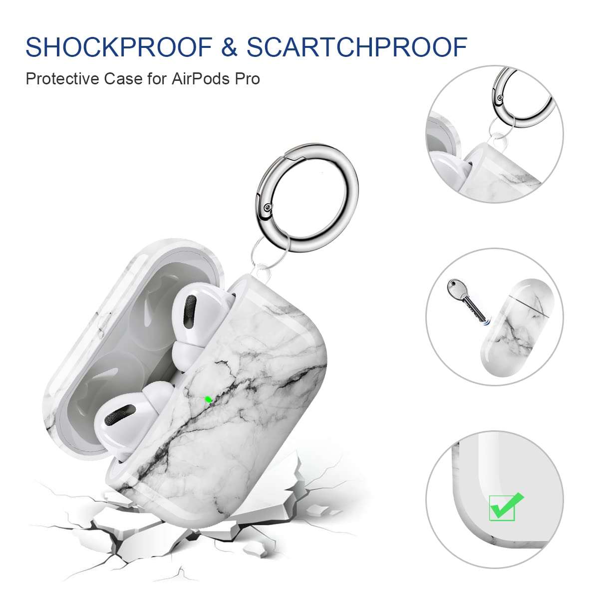 Maxjoy for AirPods Pro Case Cover, Marble White Air Pod Pro Case for Women Men Cute Protective Soft iPods pro Cover with Keychain Compatible with Apple AirPods Pro Charging Case 2019 3