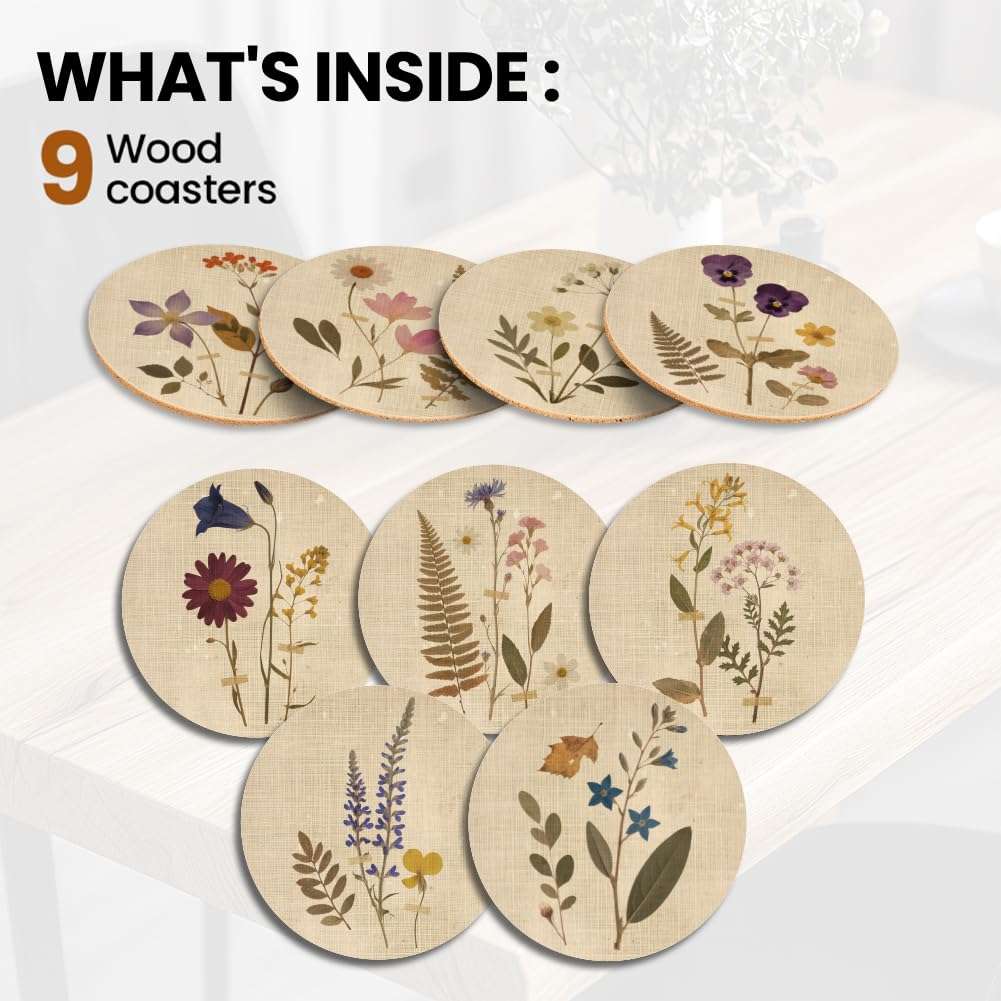 ANATTASOUL Coasters Set of 9 Vintage Flowers and Plants Pattern Colorful Wooden Coasters Bulk Round Housewarming Gift for New Home, 3.9" Decorative Coffee Table Protection for Farmhouse Bar Decor 5