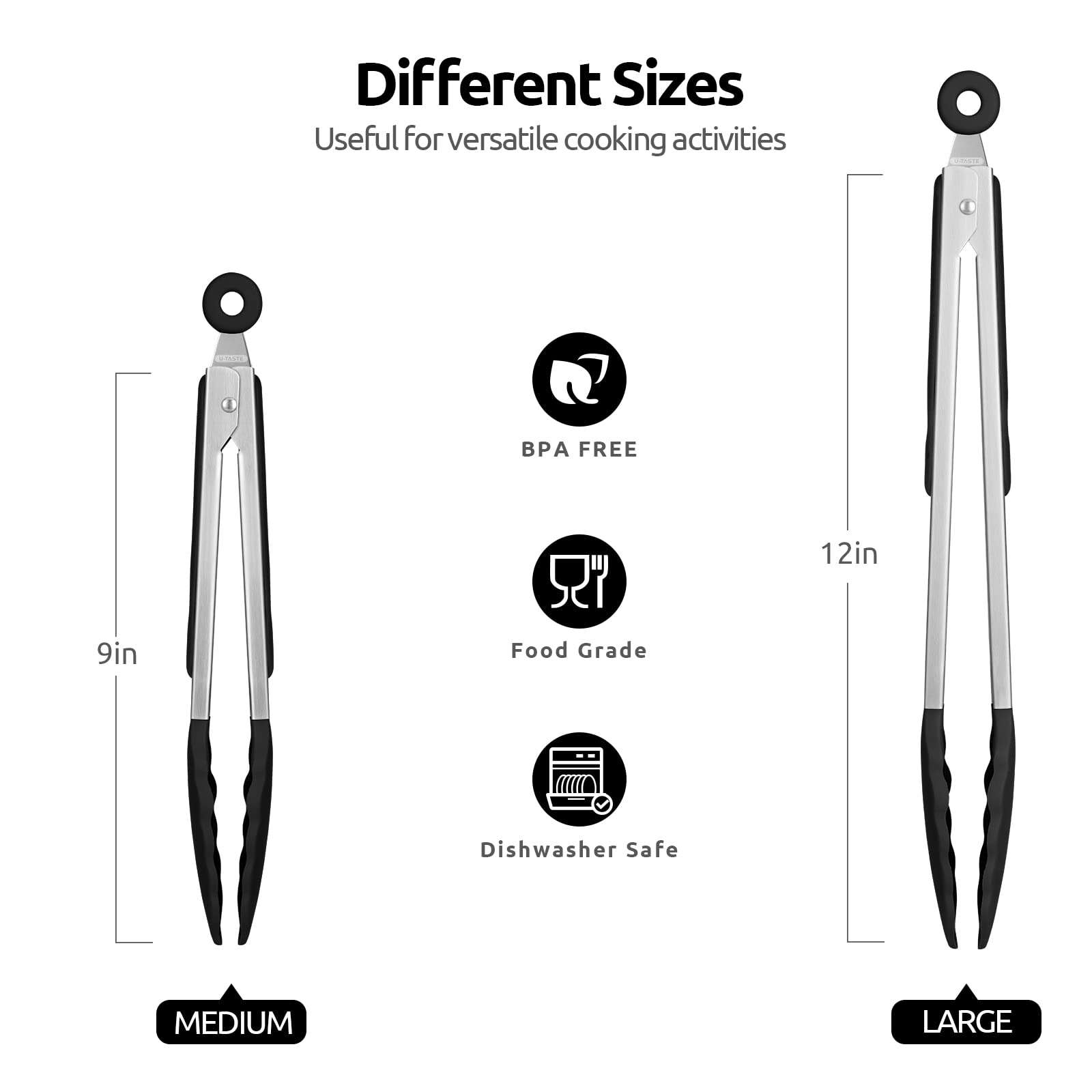 U-Taste 600℉ Heat Resistant Food Grade Non Stick Firm Cooking Tongs Set of 2, and 600ºF Heat Resistant Silicone Spoons, 13.3in Solid & Slotted Kitchen Mixing Tool (Black) 3