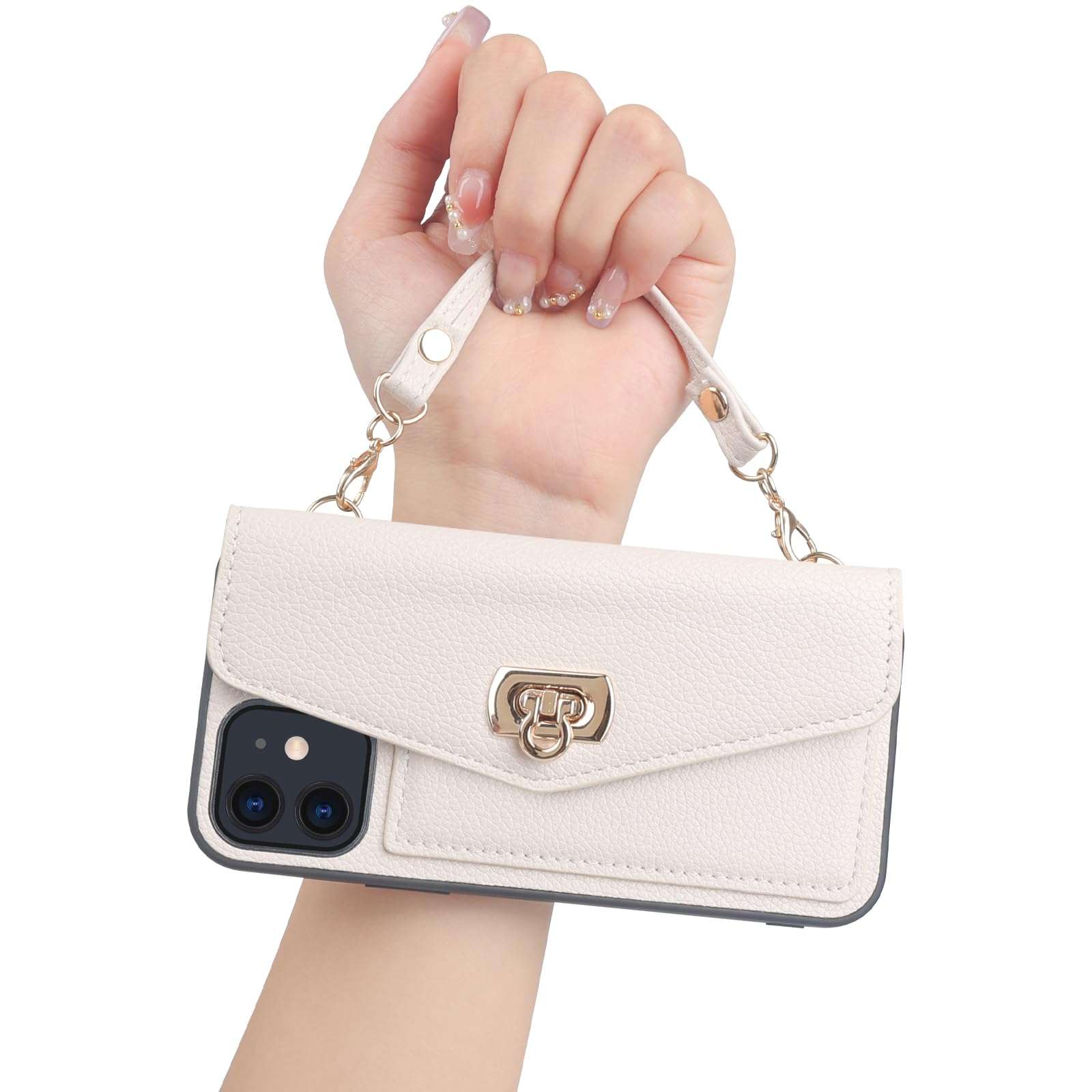 LUVI Wallet Card Holder for iPhone 12 Pro Max Case with Crossbody Neck Strap Lanyard Purse Handbag Shoulder Strap Cover PU Leather Luxury Fashion 3D Crocodile Snake Skin Case 6.7 inch White 6