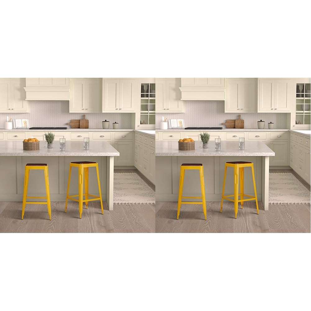 Amazon Brand - Solimo Demmitt Iron 1 Seater Stool with a Wooden Top (Yellow Finish) (Pack of 2)