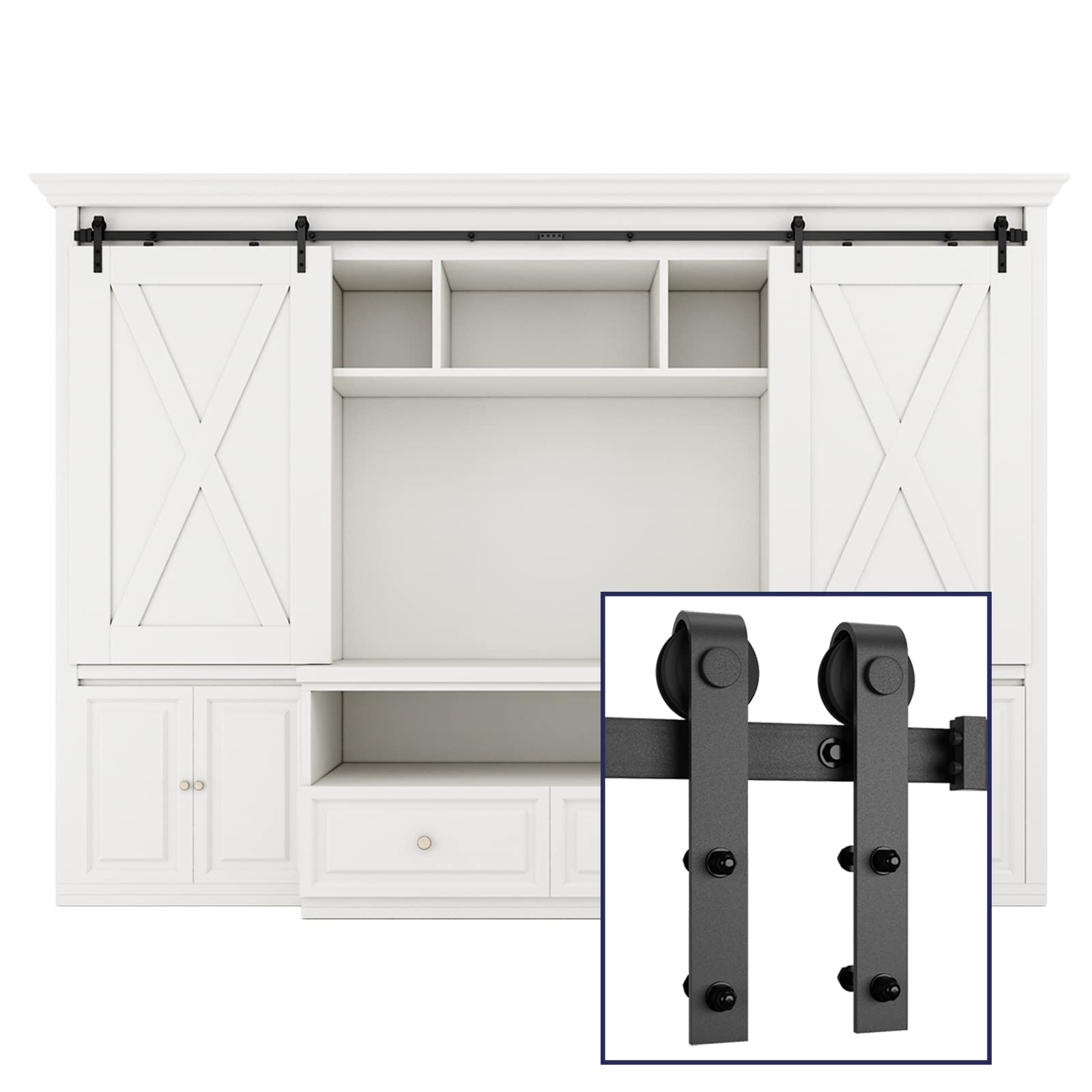 SMARTSTANDARD 7FT Super Mini Double Door Cabinet Sliding Barn Door Hardware Kit, Small Barn Door Hardware Track Kit for TV Stand Cabinet Wardrobe, J Shape Hanger (NO Cabinet) 1