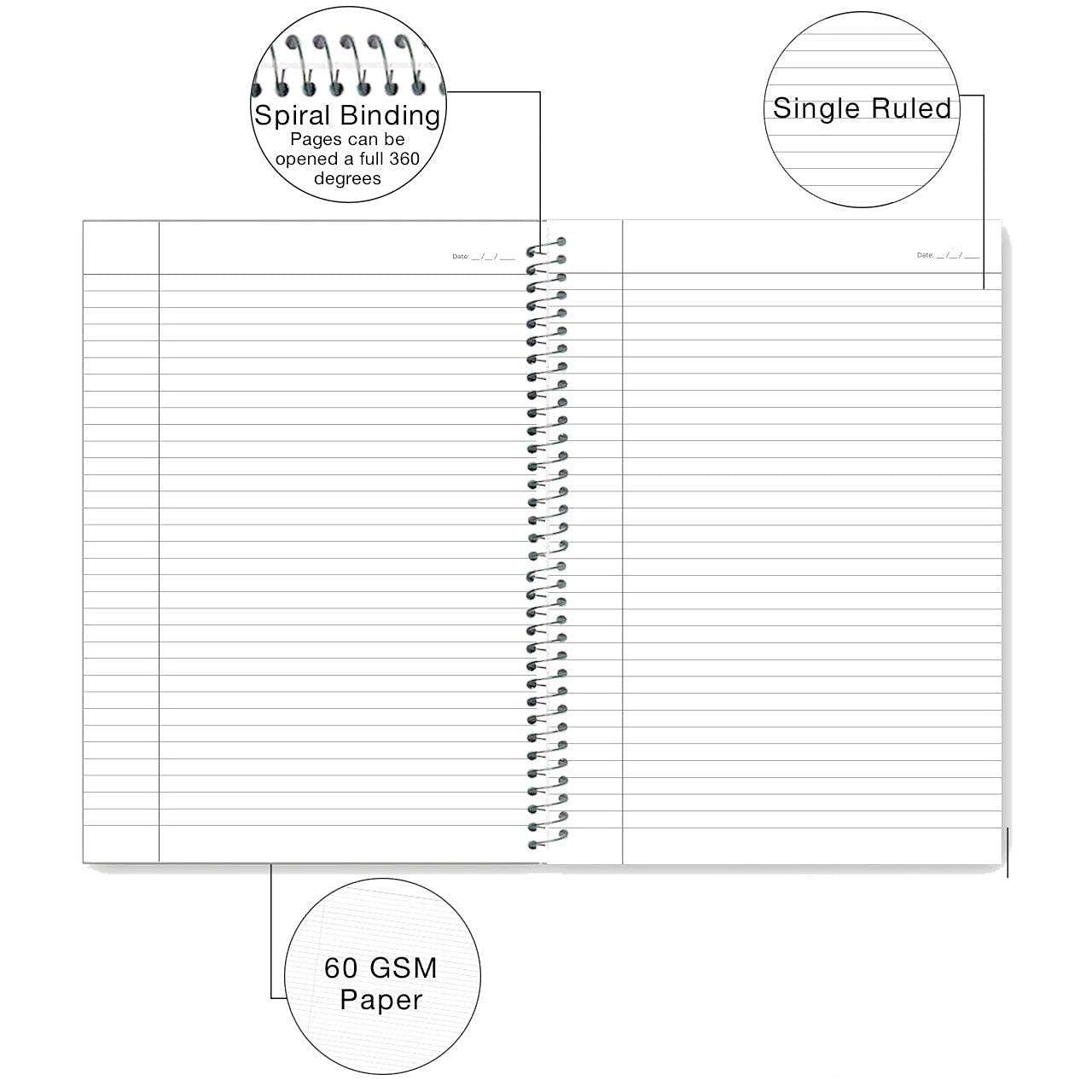 Rush Rough A4 Spiral Notebook 300 Pages | Single Line Ruled | 300 Pages Notebook Ruled | Pack of 1 | Spiral Register (300 Pages, Single Line Ruled) 3