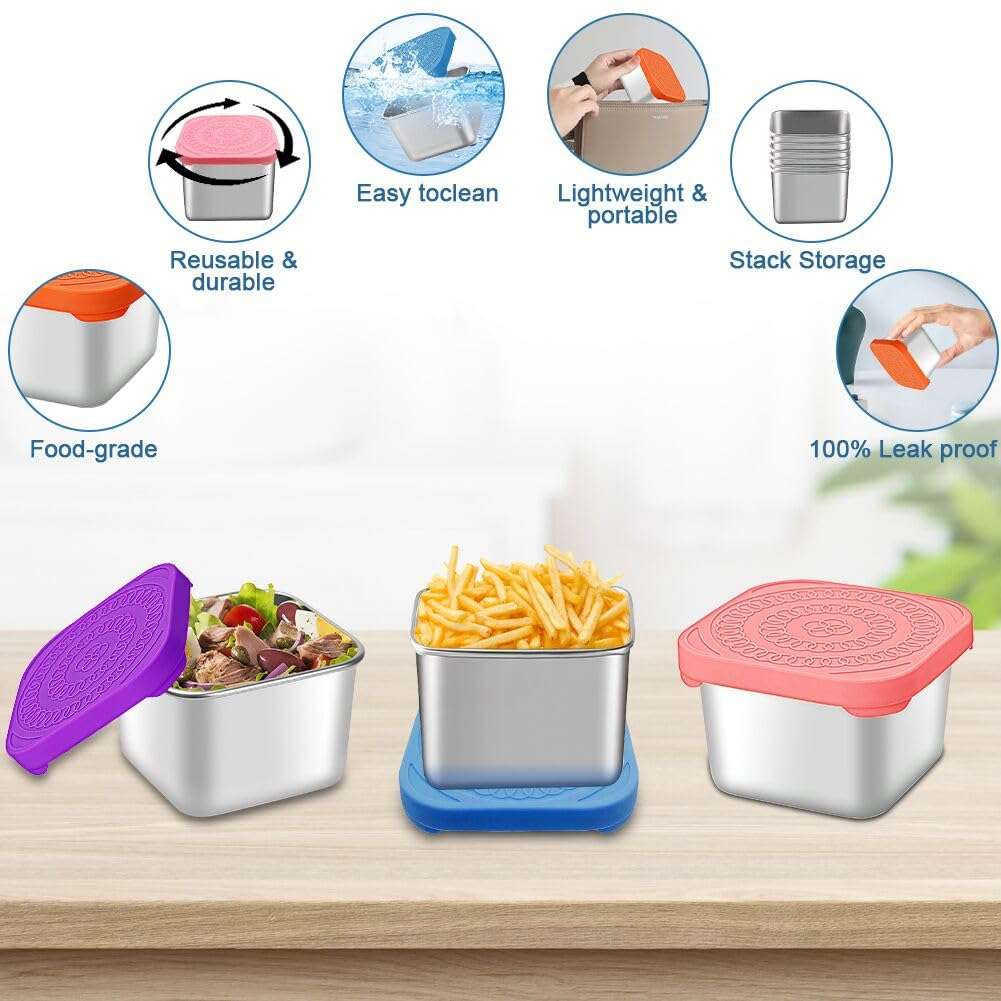 zxbaers Snack Containers with Silicone Lids,Set of 6 Stainless Steel Snack Boxes, Easy Open and Stackable，Leak Proof Food Containers for Daily Use，Office and Travel 6