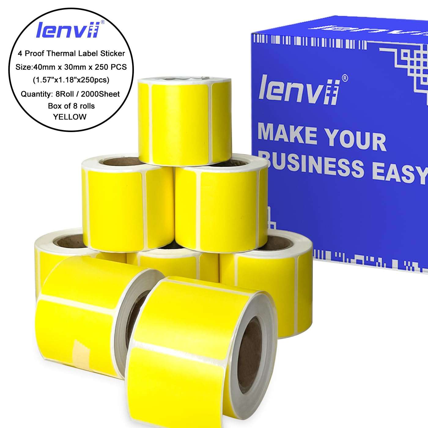 LENVII Yellow 1.57" x 1.18" Thermal Labels Stickers 2000 Sheets-8 Rolls × 250 Label,Tear/Water/Oil/Scratch Resistant Multi-Purpose Adhesive Sticker for Barcode,Home,Office,Logo,Product/Gift Labeling 1