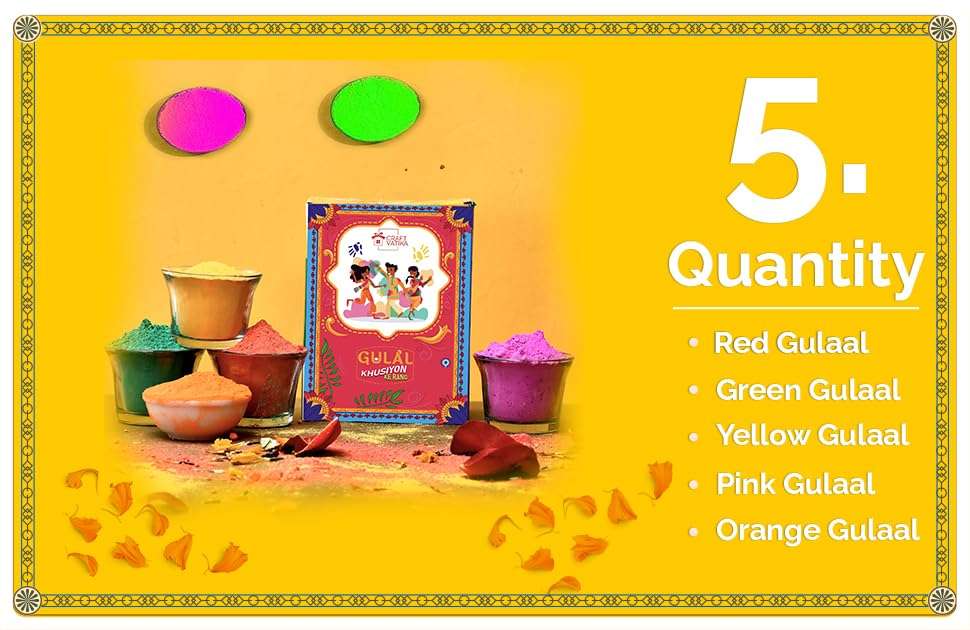 CraftVatika Holi Colours Pack of 5 Organic Holi Gulal Rang | 400 Gram Certified Holi Colors Gift Box |- Herbal Organic Holi Rang for Kids Family Men Women for Holi Festival Rang Panchami 5